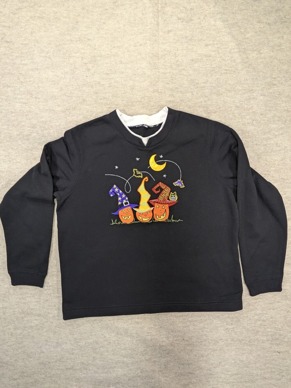 Vintage Black Halloween Jack-o-lantern Witchy Cute Bats Sweatshirt Pull Over XL
